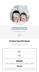 Detailed size chart for nylon contrast backpack showing large and small dimensions