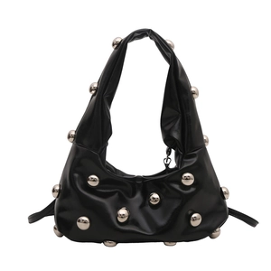 Black glossy PU leather underarm bag with silver spherical metal rivets for 2024 fashion