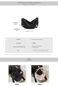 Detailed size chart and specifications for the large canvas crescent crossbody bag