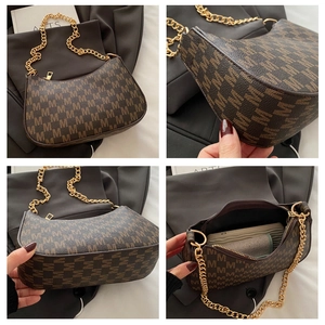 Detailed views of the brown monogram crescent bag showing interior space and golden hardware