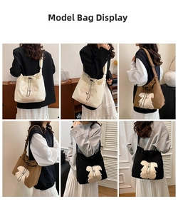 Collage of model wearing corduroy tote bag with cute dog patch in various casual poses