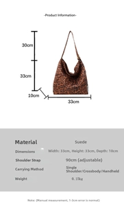 Leopard print suede tote bag detail showing dimensions 33x33x10cm and adjustable strap