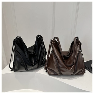 Minimalist soft leather large capacity hobo bags in black and dark brown finish