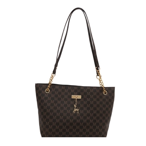 Dark brown tote bag with repeating M-logo pattern and gold deer pendant on white background