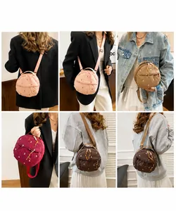 Multiple views of quilted round crossbody bags showing shoulder and handbag styling options