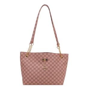 Pink monogram tote bag with gold deer pendant and chain shoulder strap for women