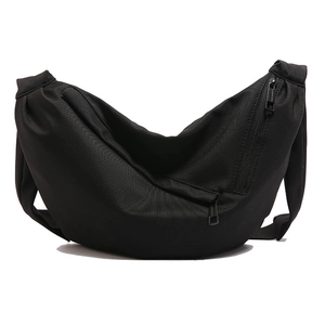 Black nylon crescent shoulder bag with front zipper and adjustable strap for women