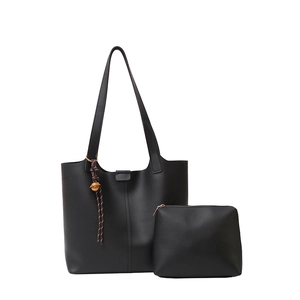 Minimalist black matte tote bag and matching pouch set with a decorative rope charm