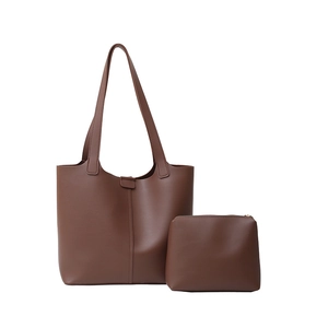 Retro deep brown large capacity faux leather tote bag set with matching zipper pouch