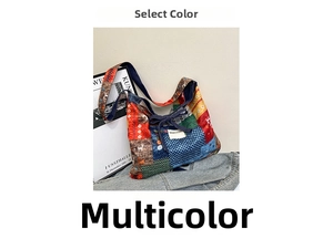 Detail of bohemian patchwork shoulder bag with navy bow and MEET YOU label tag