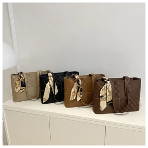 Detailed comparison of four tote bags in beige, black, brown and chocolate checkered faux leather