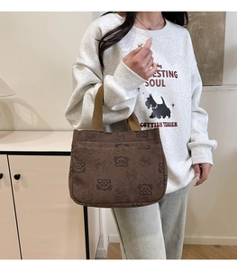 Dettaglio della borsa tote in velluto a coste marrone con testo Smile e motivo a orsetto