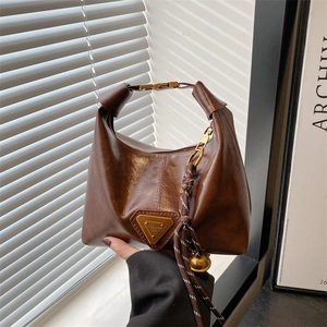 Vintage Women PU Leather Hobo Bag Retro Dumpling Shoulder Bag With Triangle Logo Braided Bell Charm Adjustable Strap
