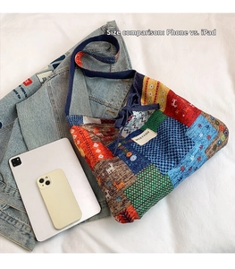 Flat lay of floral patchwork tote bag showing large capacity for iPad and smartphone