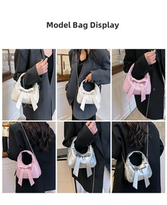 Detail view of bow crescent handbags in cream, pink, and silver with chain straps