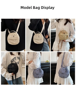 Collage of circular canvas crossbody bags in beige, khaki, black and light blue colors