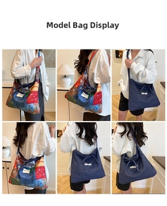 Detail view of large tote bags in vintage patchwork and dark blue denim fabric