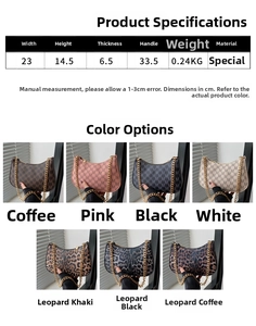 Size chart showing crescent bag dimensions 23x14.5cm and multiple color options