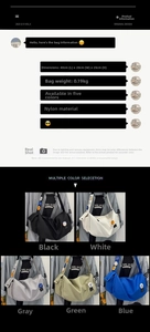 Detailed size chart and multi-color options for nylon messenger bag with dimensions