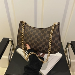 Women PU Leather Shoulder Bag With Metal Chain Vintage M Letter Monogram Leopard Print Underarm Hobo Bag Trendy Fashion