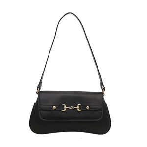 Retro black leather baguette shoulder bag with a gold horsebit buckle decoration