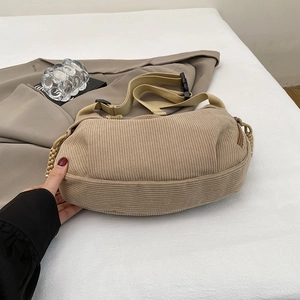 Khaki corduroy crossbody crescent bag with adjustable strap for women in autumn and winter