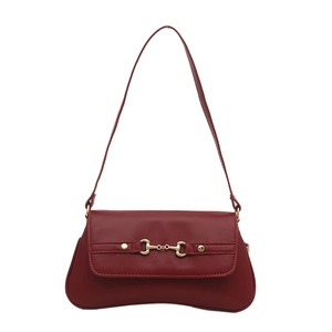 Retro dark red leather shoulder bag with vintage gold horsebit buckle and square shape