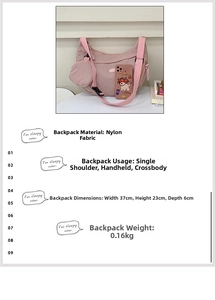 Detail of pink nylon crescent bag with mini round pouch and smartphone for size reference