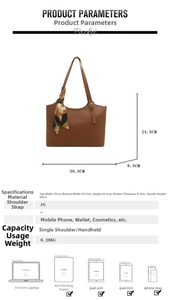 Detailed size specifications and material chart for large brown faux leather tote bag
