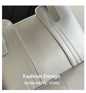 Close-up of silver bucket bag showing premium PU leather texture and precise stitching