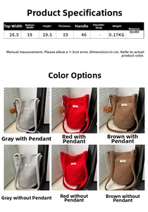 Size specifications and color options for textured faux fur autumn bucket tote bags