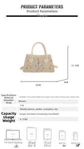 Detailed view of woven crossbody bag with floral embroidery and size specifications