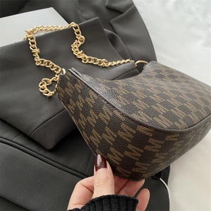 Brown monogram small square bag with gold chain strap for women, stylish crossbody style