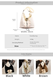Size chart for corduroy tote bag showing 30x30x10cm dimensions and strap length details