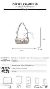 Größenangaben und Kapazitätsdetails für silberne Falten-Schultertasche