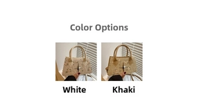 Detail view of woven mini handbags in white and khaki with floral embroidery and star hardware