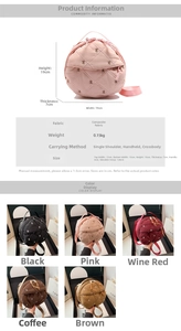 Detail view of round quilted crossbody bag with bow embroidery and size dimensions