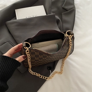 Brown monogram small square bag with gold chain strap and textured leather finish