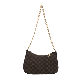 Vintage dark brown crossbody bag with letter M print and golden chain strap