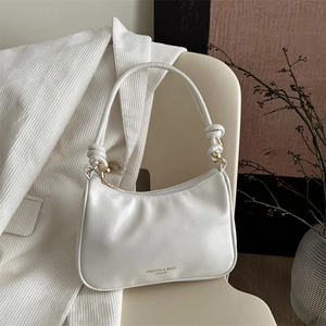 Women PU Leather Baguette Underarm Bag With Knot Shoulder Strap Gold Hardware Versatile Zipper Fashion Shoulder Bag