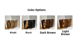 Detail view of four checkerboard leather tote bag colors including khaki and brown shades