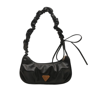 Fashionable black ruched crescent underarm bag with ruffle strap and bow detail