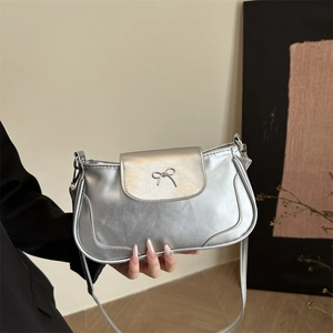 Women Underarm Shoulder Bag PU Leather Bowknot Metallic Detail Zipper Versatile Trendy Fashion Retro Casual