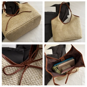 Detailed views of woven straw tote bag with brown leather bow and spacious interior