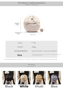 Detail view of mini round nylon crossbody bags with dimensions and four color variations