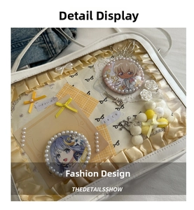 Detailed view of white Ita bag with yellow ruffles, clear PVC window, and decorative bows