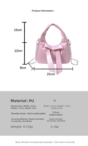 Infographic showing pink PU leather handbag details with bow decoration and size dimensions