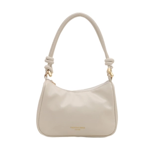 Chic cream-white faux leather baguette bag with knotted strap and gold-tone zipper