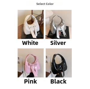 Four color options of bow shoulder bags in white, silver, pink, and black leather
