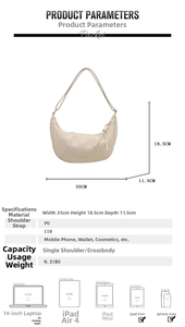 Detailed dimension guide for beige PU leather dumpling bag with size specs and capacity info